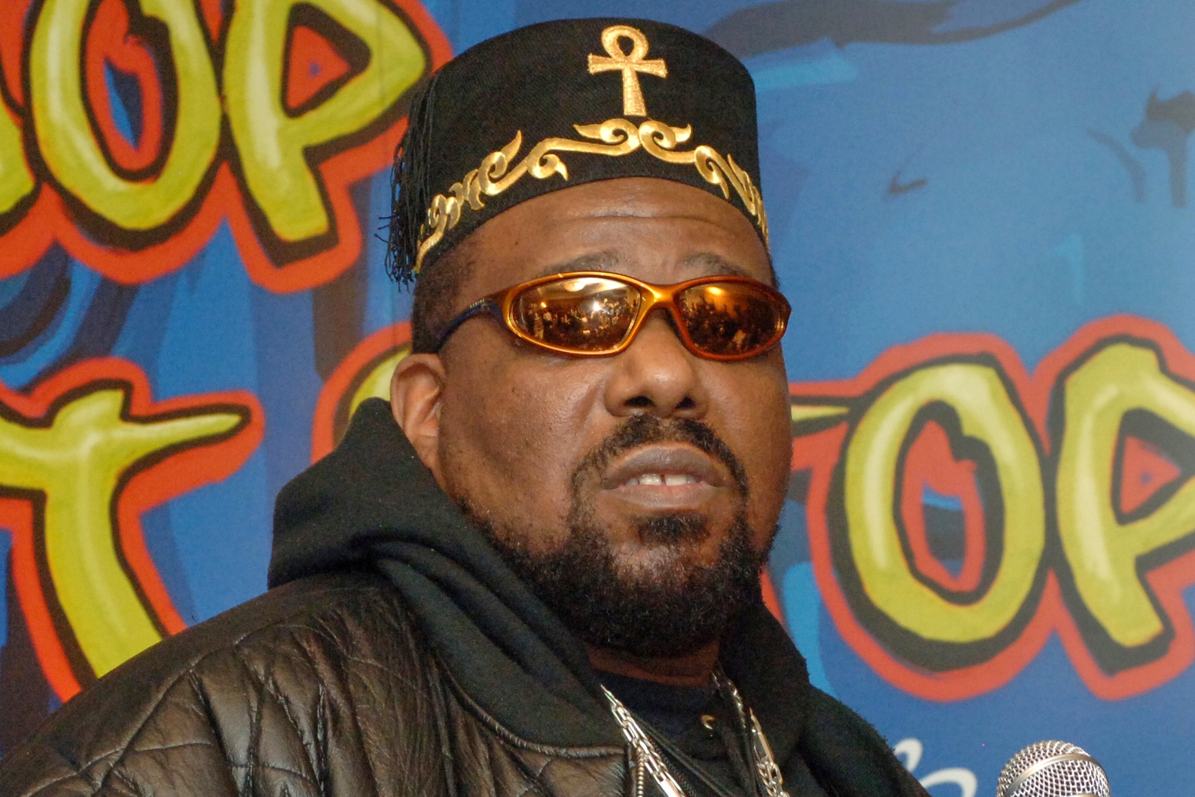 FILE - Hip hop DJ pioneer Afrika Bambaataa speaks at a news conference in New York on Feb. 28, 2006.